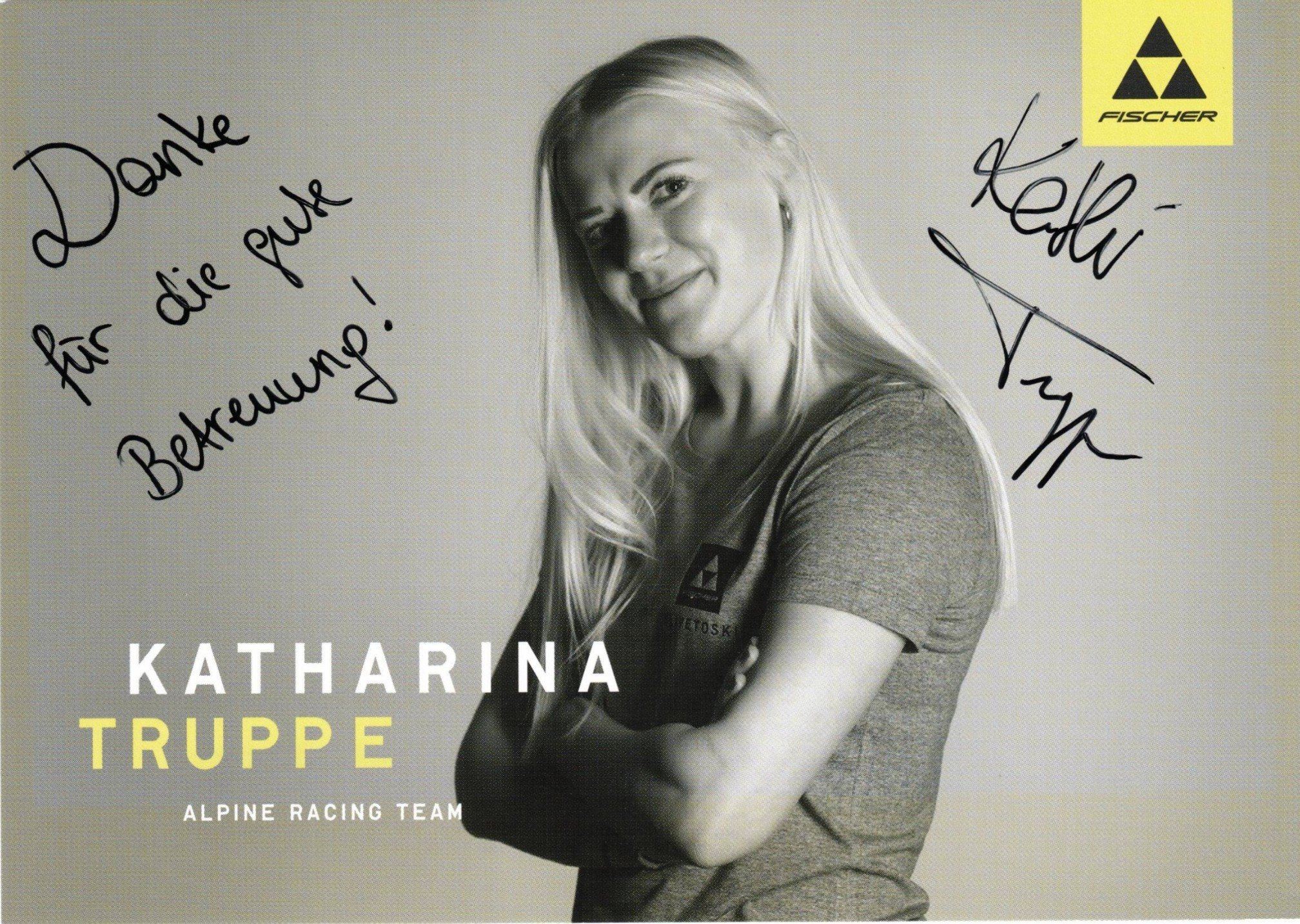 Autogrammkarte von Katharina Truppe mit der Widmung „Danke für die gute Betreuung!“