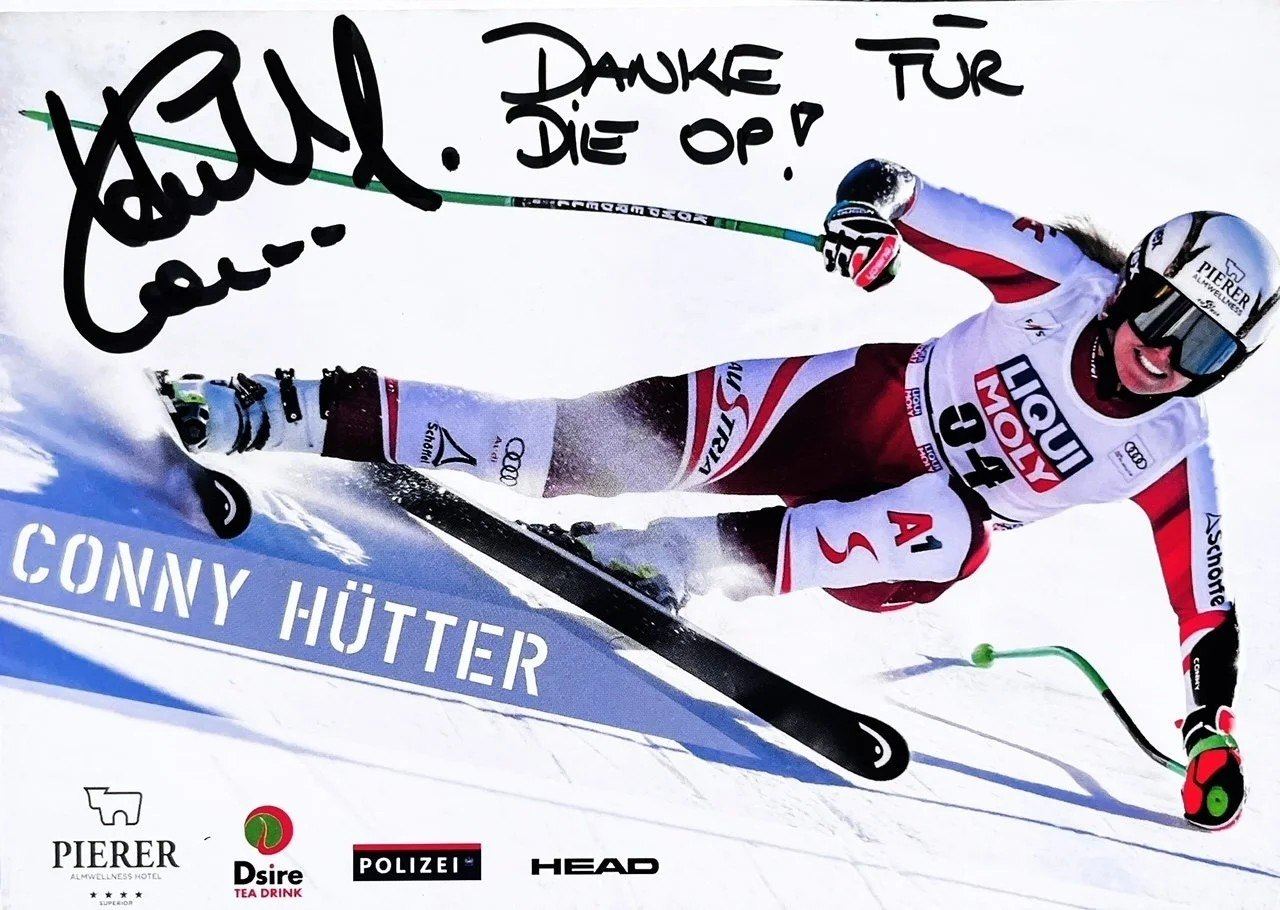 Autogrammkarte von Conny Hütter mit der Widmung „Danke für die OP!“